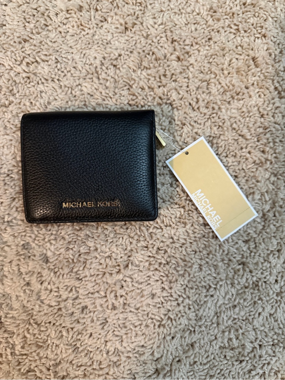Michael Kors Black Leather Compact Card Holder with Gold Logo